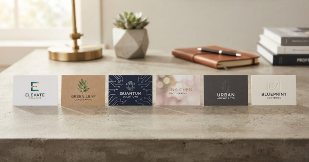 Six Business Cards Lined Up